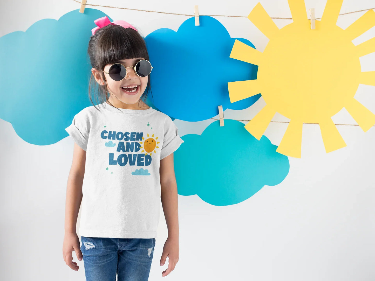Chosen and Loved - cute kid's shirt with sun, clouds and stars - Adoption Stuff Store