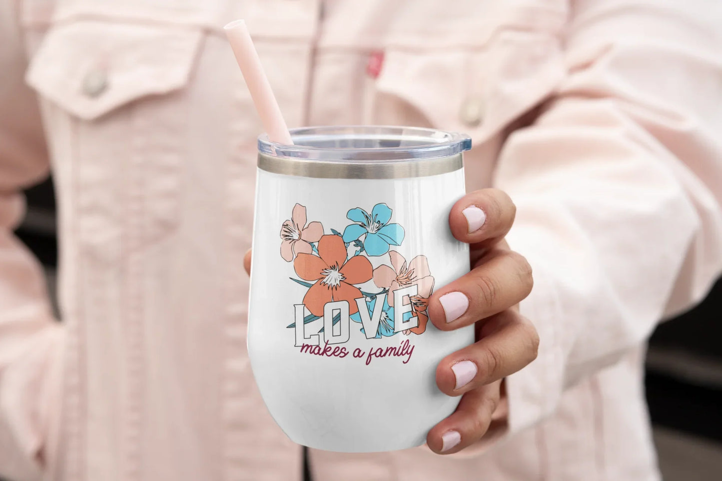 LOVE makes a family - beautiful floral wine tumbler - Adoption Stuff Store