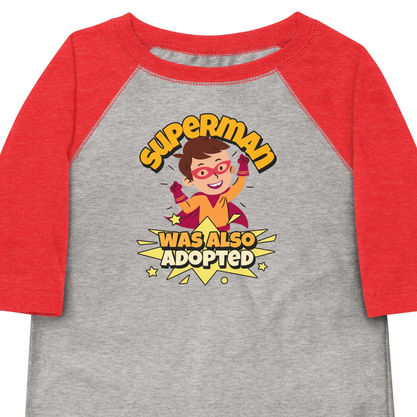 Superman Was Also Adopted! - illustrated toddler baseball shirt - Adoption Stuff Store