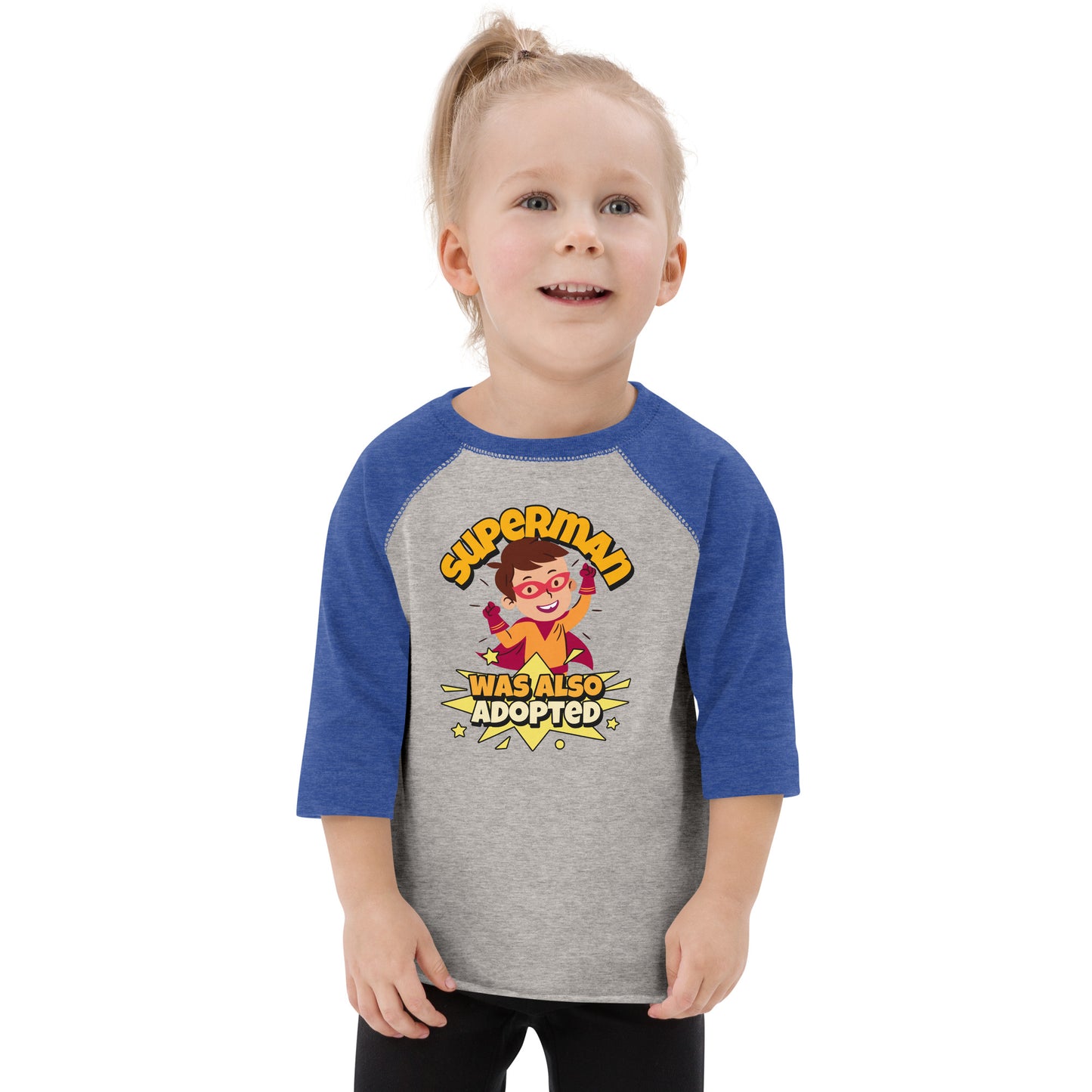 Superman Was Also Adopted! - illustrated toddler baseball shirt - Adoption Stuff Store