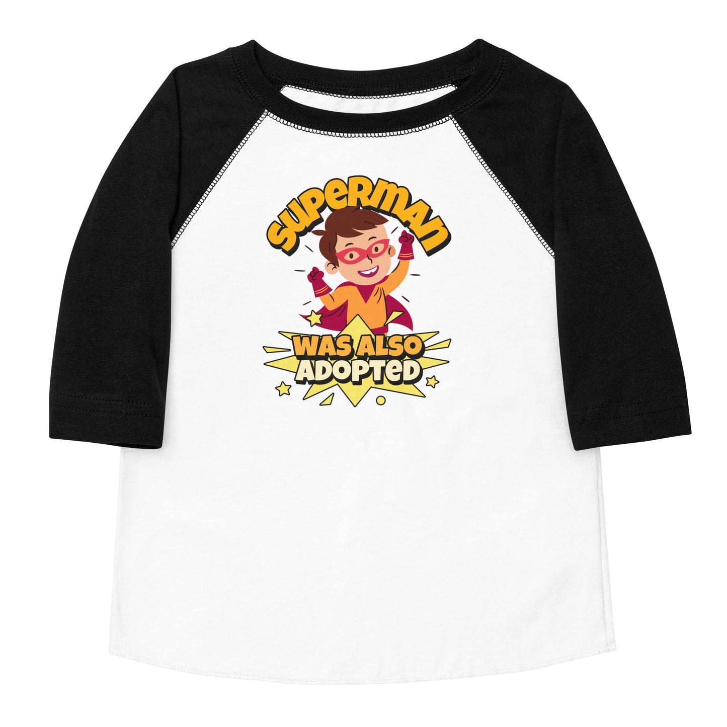 Superman Was Also Adopted! - illustrated toddler baseball shirt - Adoption Stuff Store