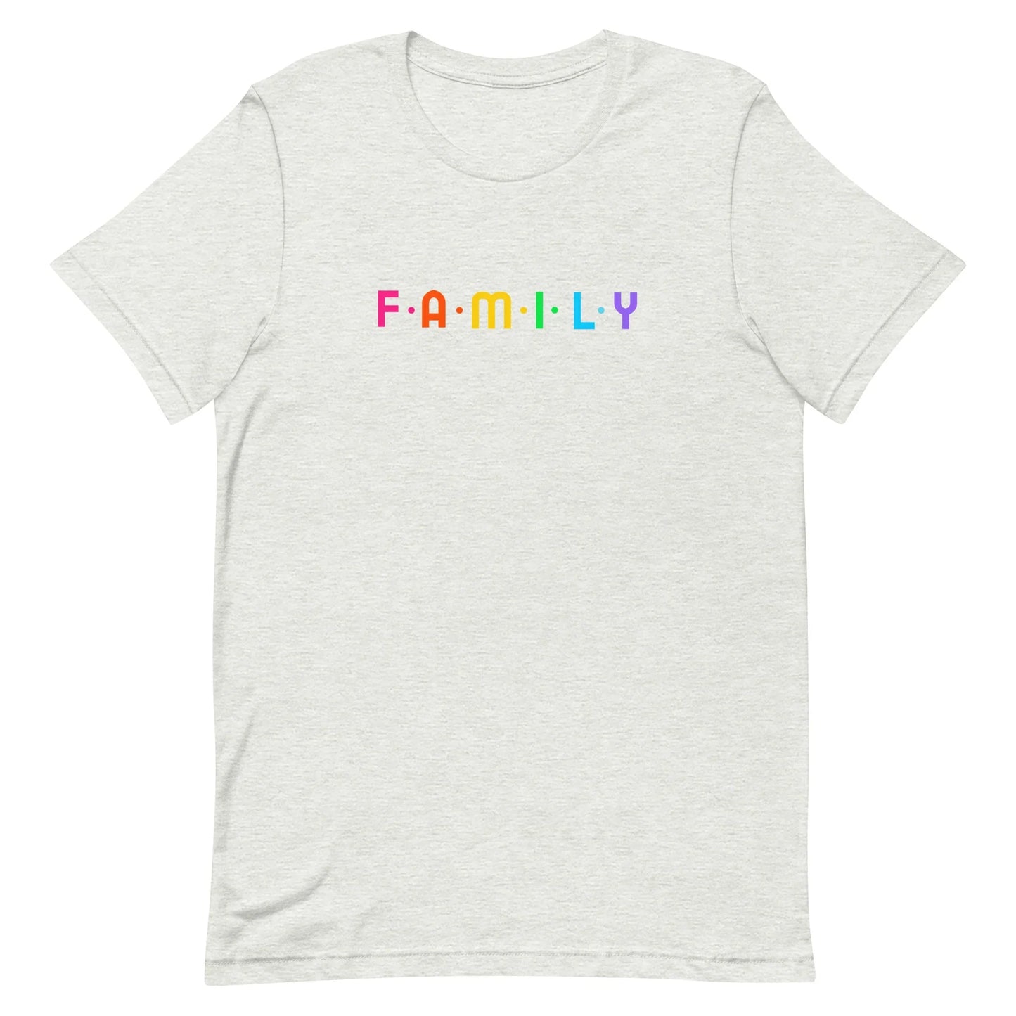 F-A-M-I-L-Y rainbow graphic on unisex t-shirt - Adoption Stuff Store