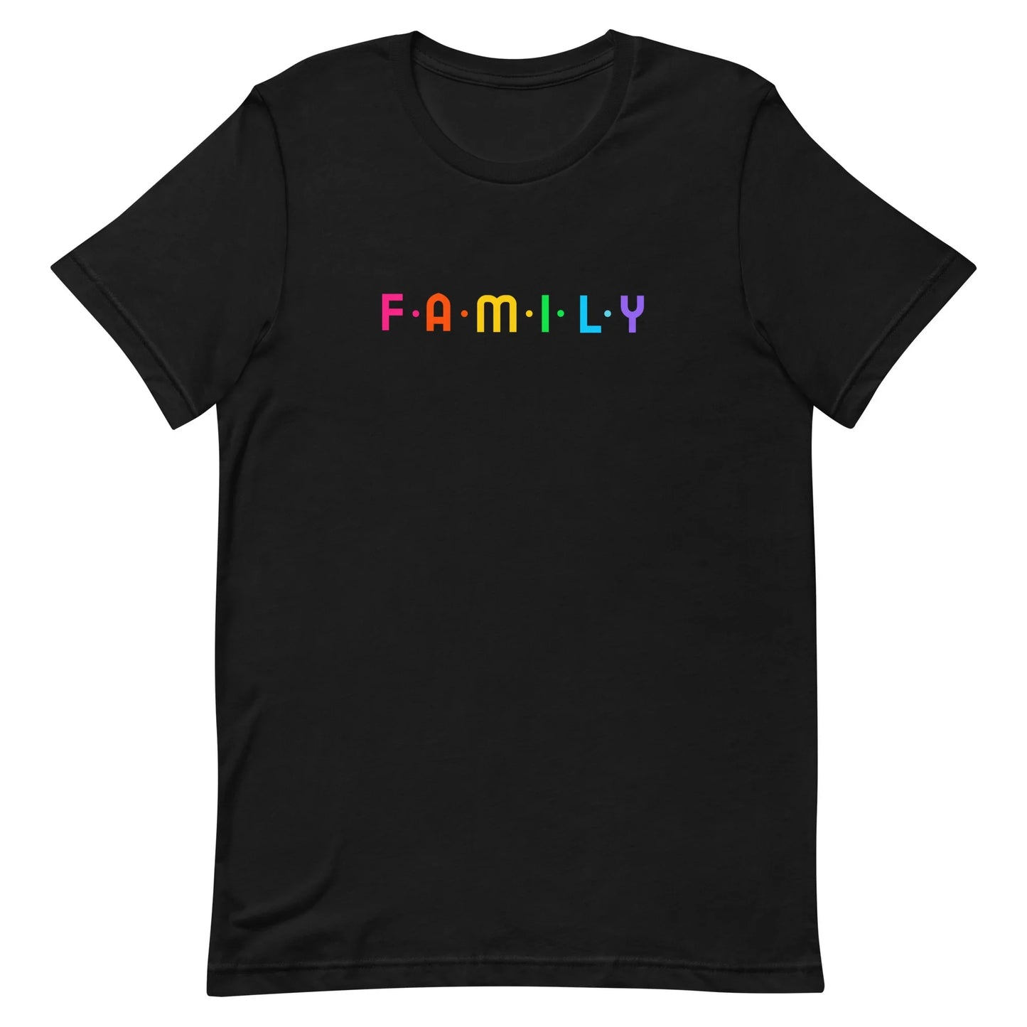 F-A-M-I-L-Y rainbow graphic on unisex t-shirt - Adoption Stuff Store