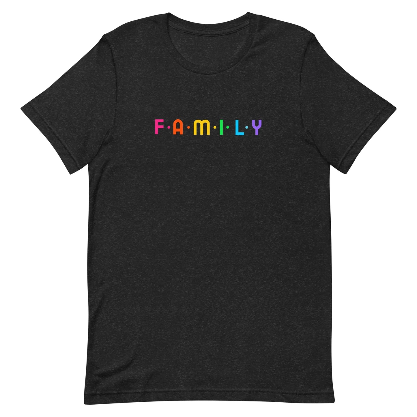 F-A-M-I-L-Y rainbow graphic on unisex t-shirt - Adoption Stuff Store