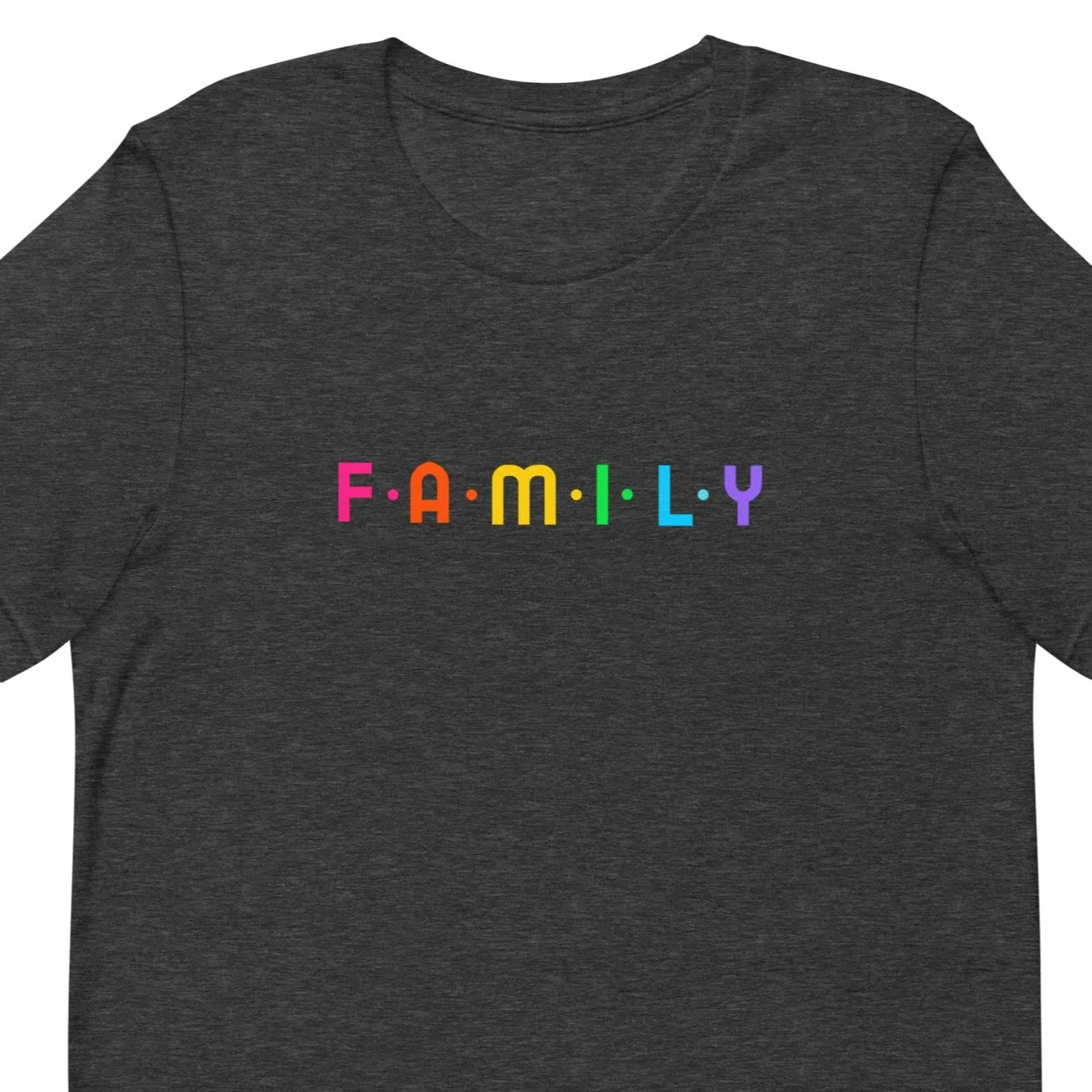 F-A-M-I-L-Y rainbow graphic on unisex t-shirt - Adoption Stuff Store