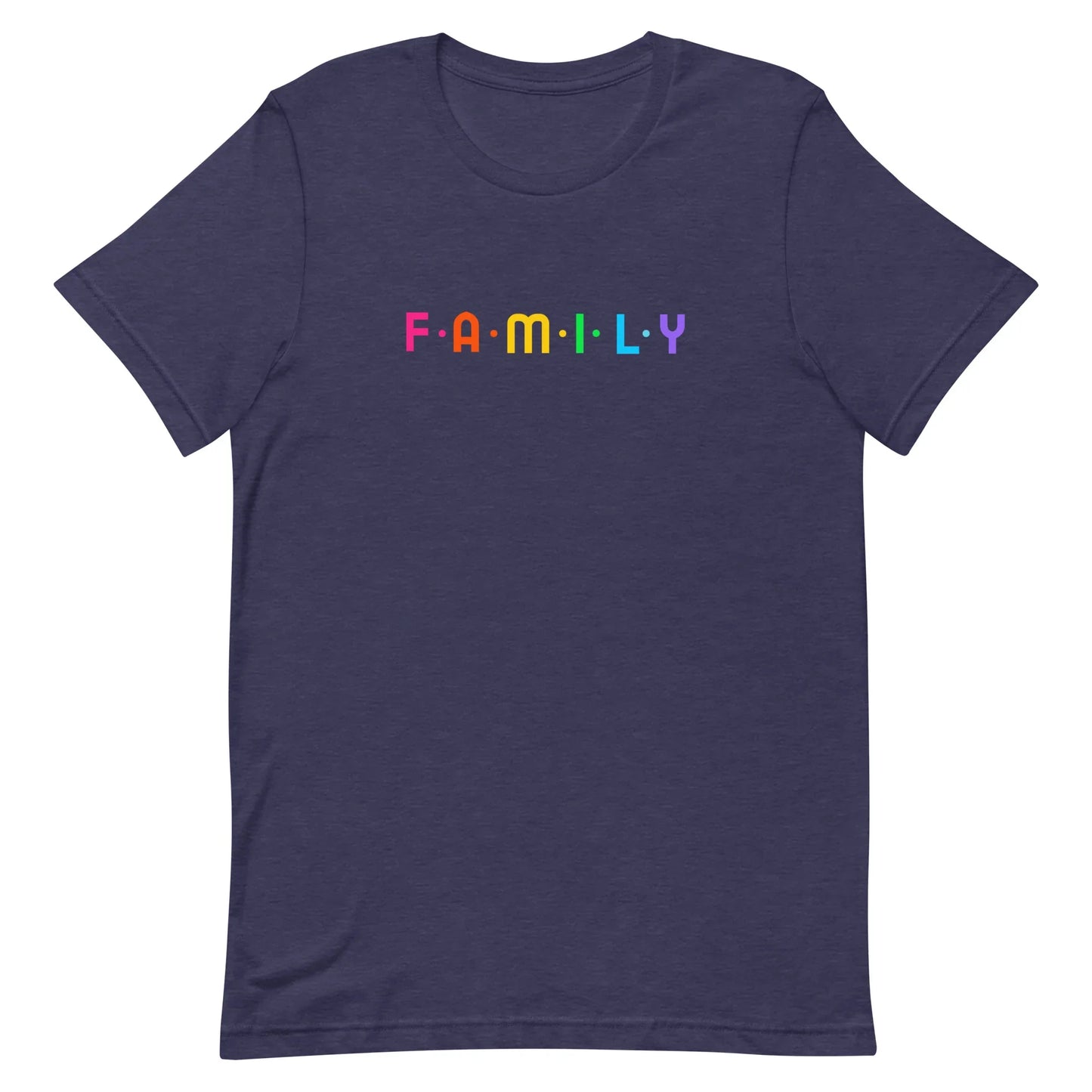 F-A-M-I-L-Y rainbow graphic on unisex t-shirt - Adoption Stuff Store