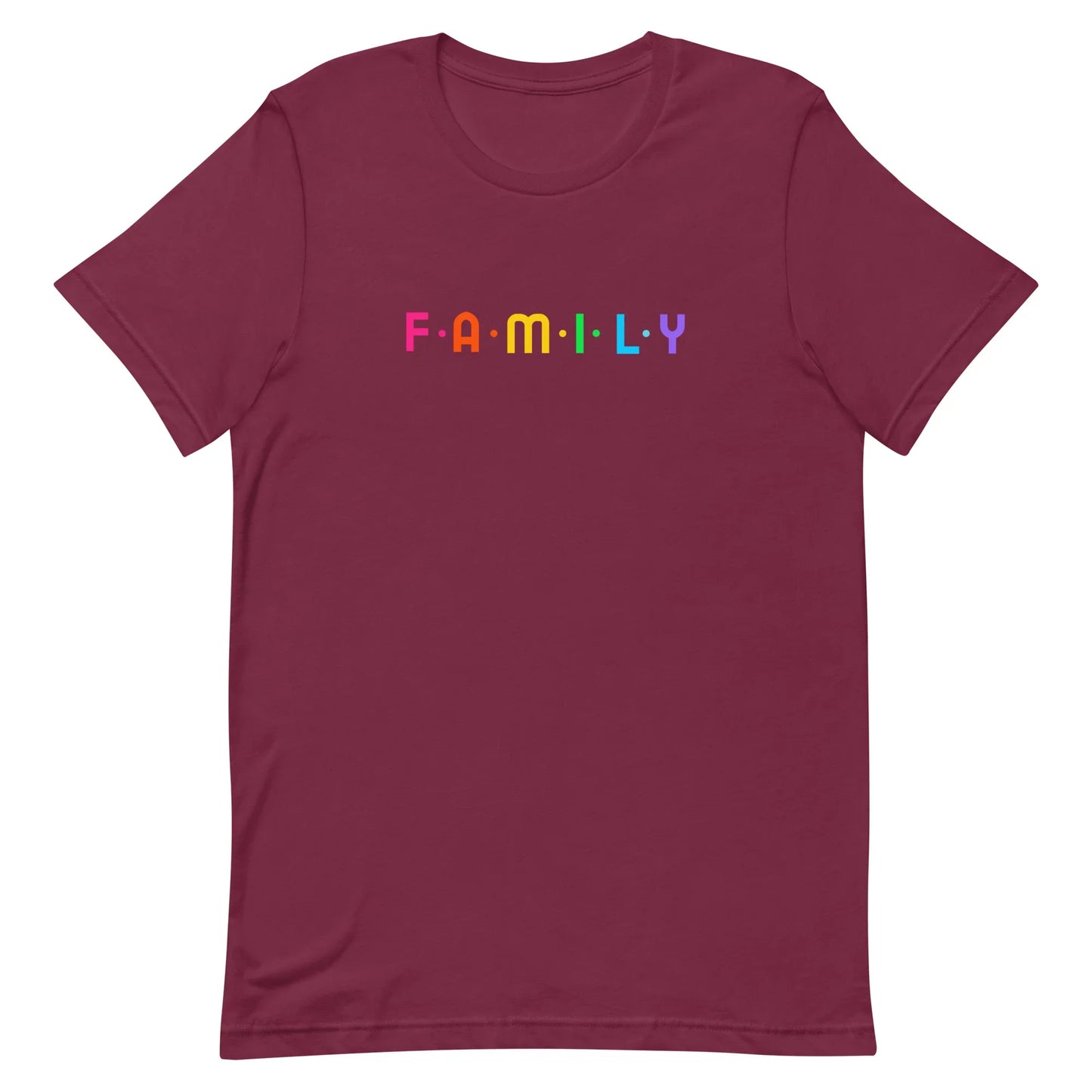 F-A-M-I-L-Y rainbow graphic on unisex t-shirt - Adoption Stuff Store