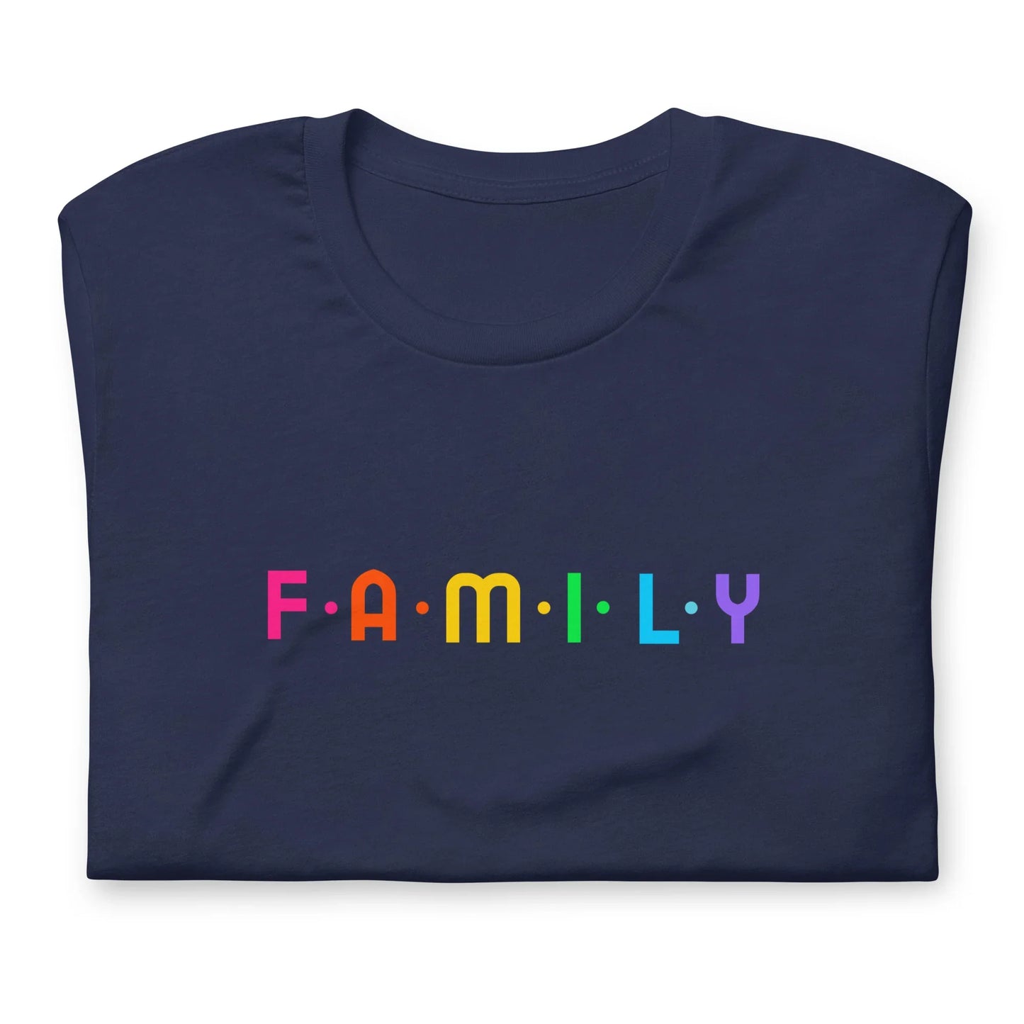 F-A-M-I-L-Y rainbow graphic on unisex t-shirt - Adoption Stuff Store