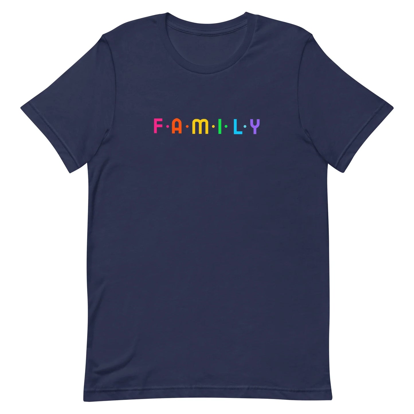 F-A-M-I-L-Y rainbow graphic on unisex t-shirt - Adoption Stuff Store