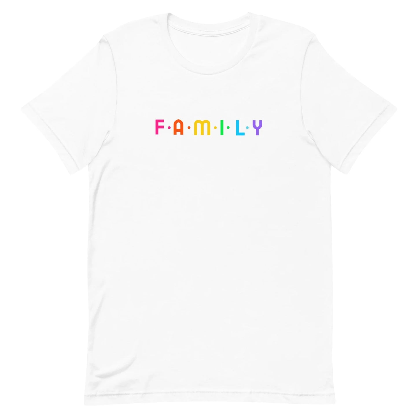 F-A-M-I-L-Y rainbow graphic on unisex t-shirt - Adoption Stuff Store