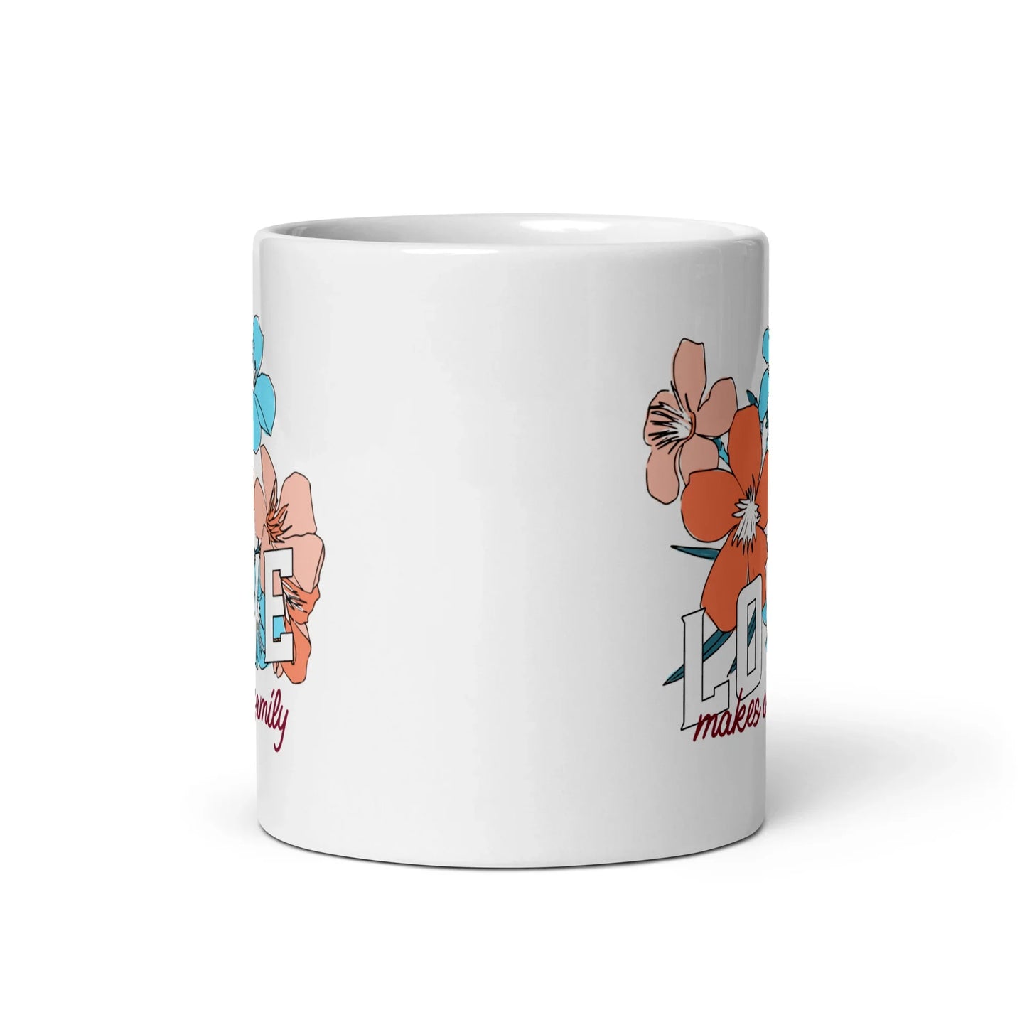 LOVE Makes a Family - beautiful floral design on a white glossy mug - Adoption Stuff Store
