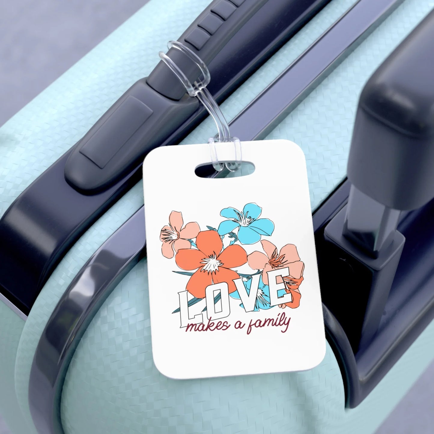 LOVE makes a family - White Bag Tag for suitcase or travel bag - Adoption Stuff Store