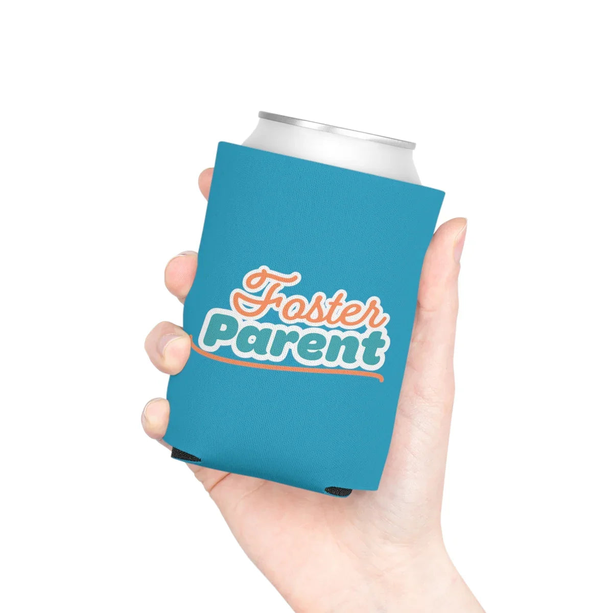 Foster Parent - retro design on an turquoise Can Cooler - Adoption Stuff Store
