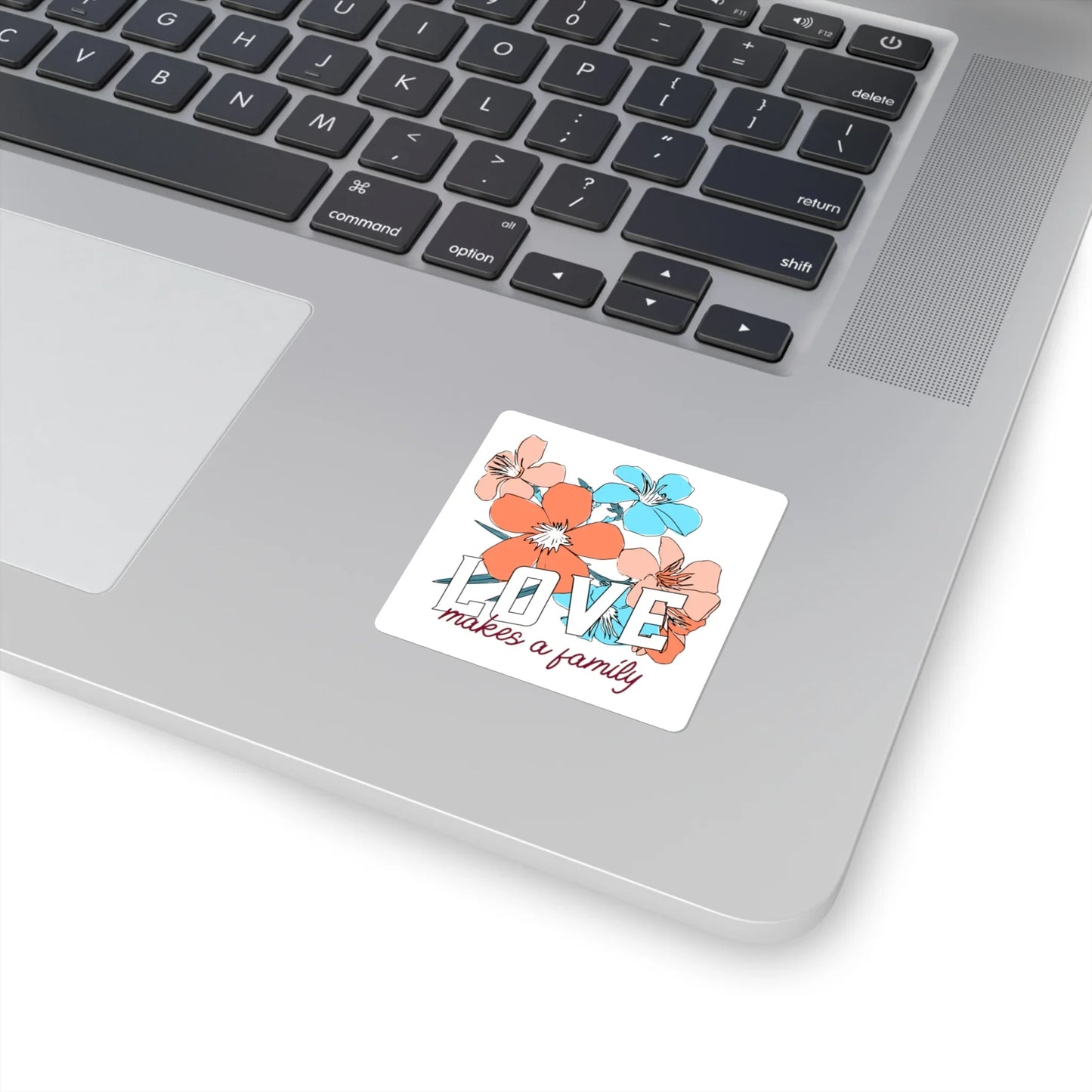LOVE makes a family - floral design on square stickers - Adoption Stuff Store