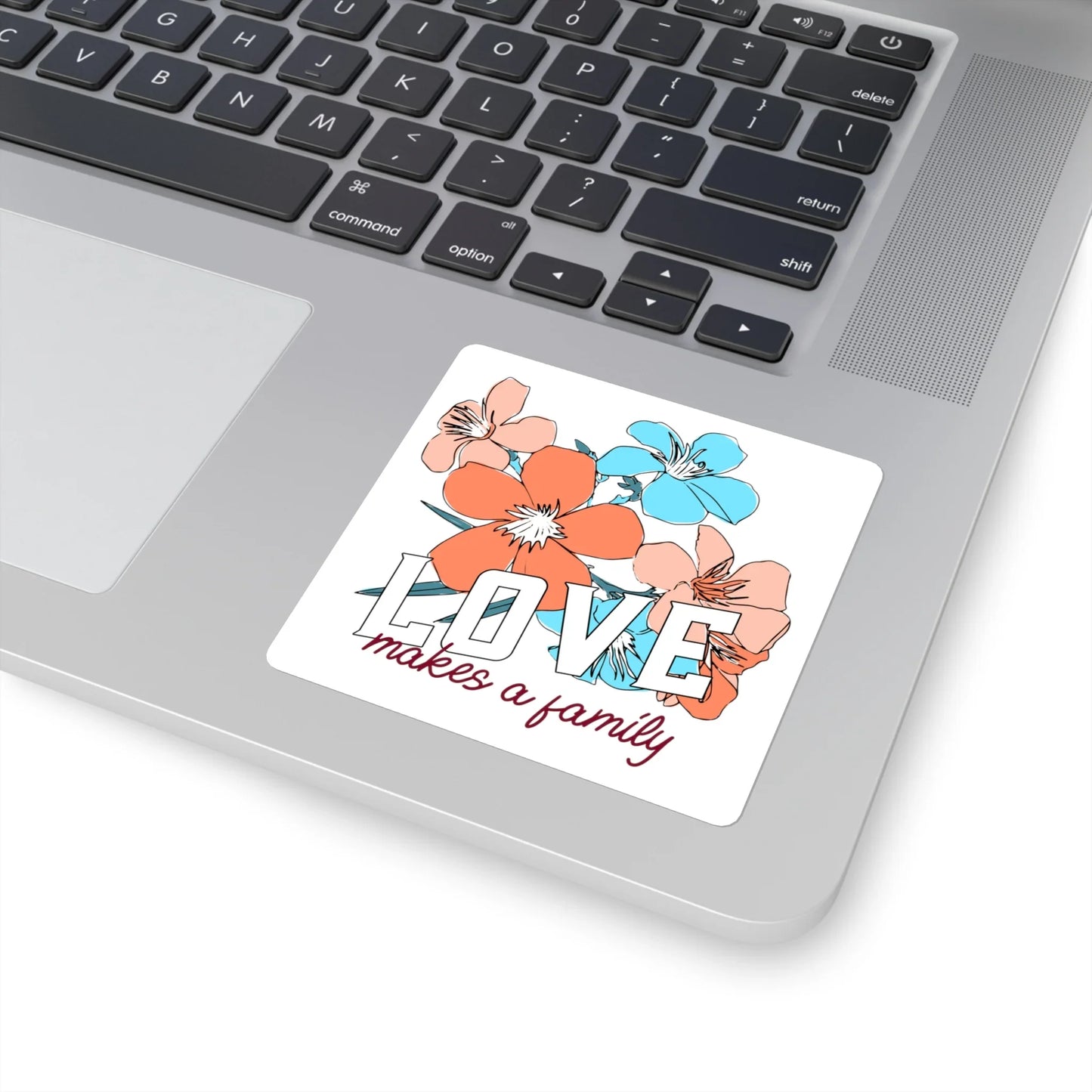 LOVE makes a family - floral design on square stickers - Adoption Stuff Store