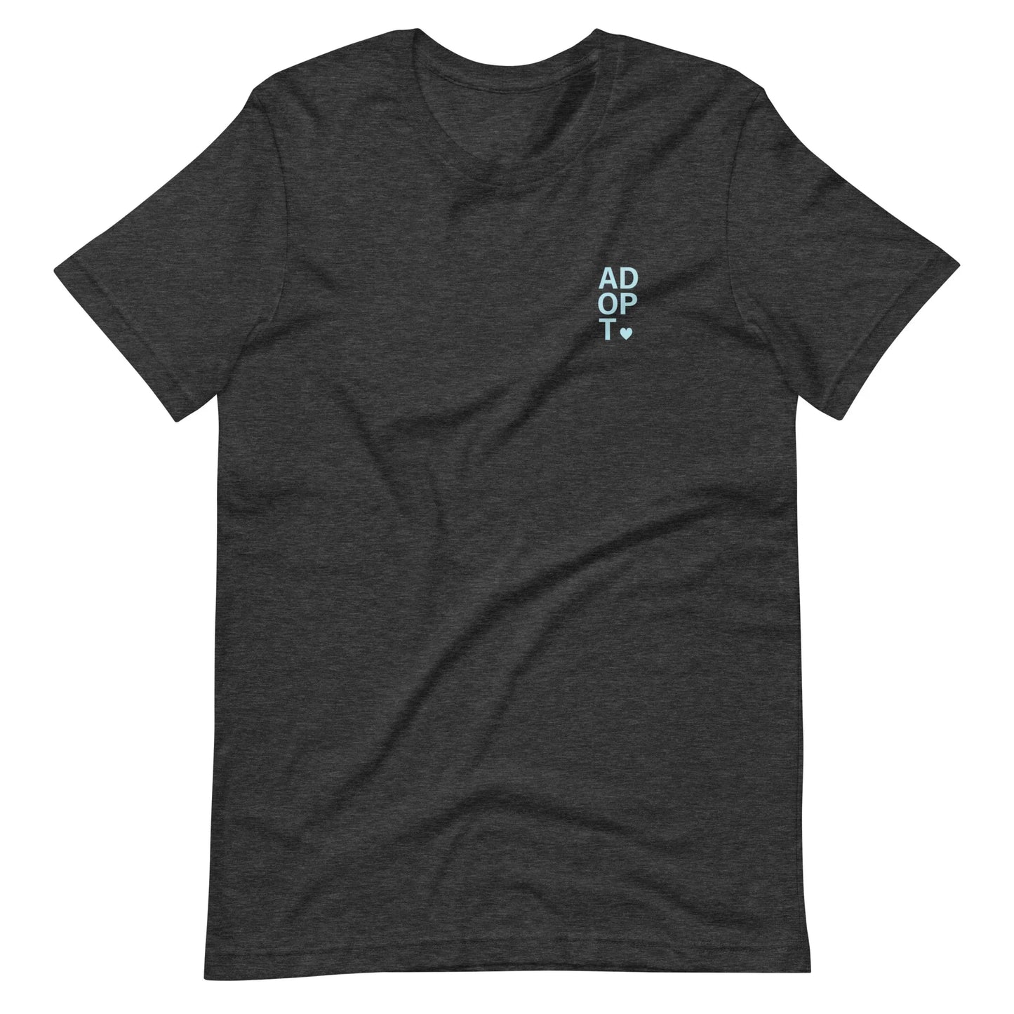 ADOPT - light blue text on a Unisex t-shirt - Adoption Stuff Store