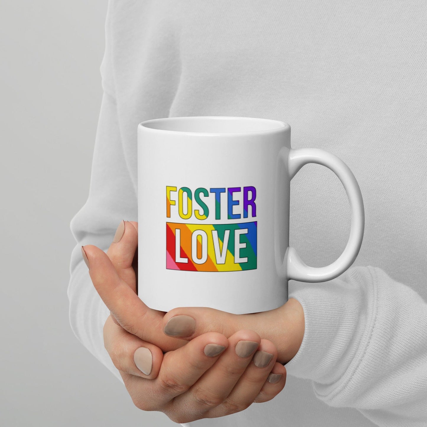 FOSTER LOVE - rainbow design on a White glossy mug Coffee Mug Adoption Stuff Store