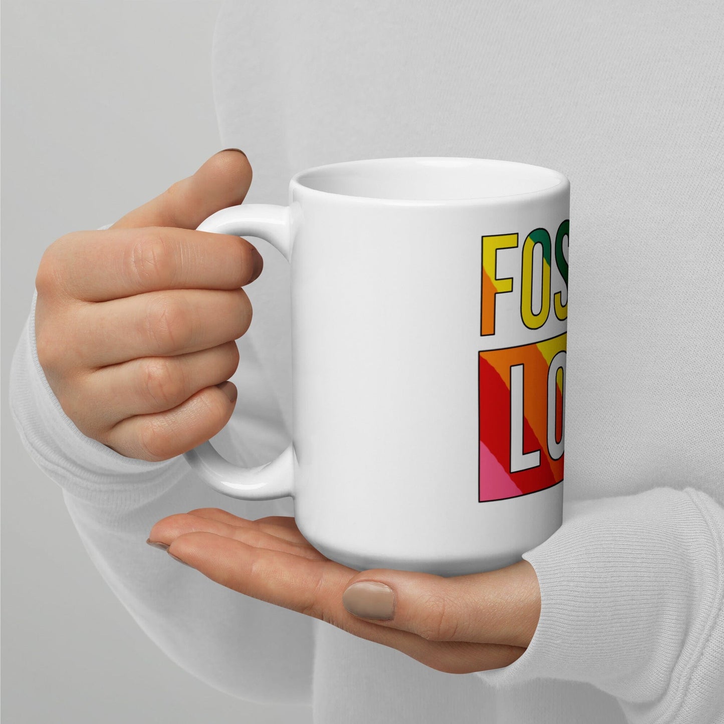 FOSTER LOVE - rainbow design on a White glossy mug Coffee Mug Adoption Stuff Store 15oz