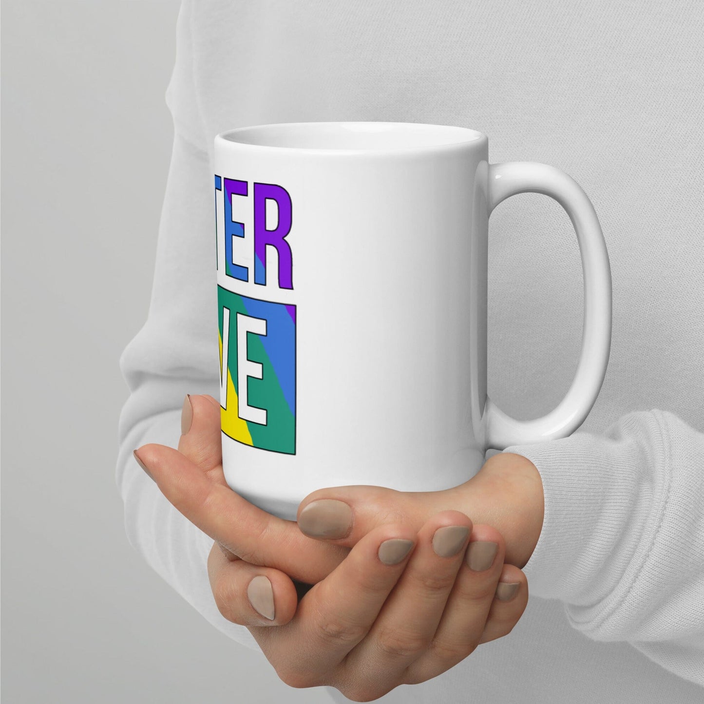 FOSTER LOVE - rainbow design on a White glossy mug Coffee Mug Adoption Stuff Store