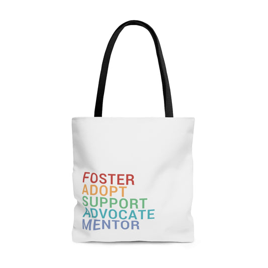 FOSTER. ADOPT. SUPPORT. ADVOCATE. MENTOR - AOP Tote Bag - Adoption Stuff Store
