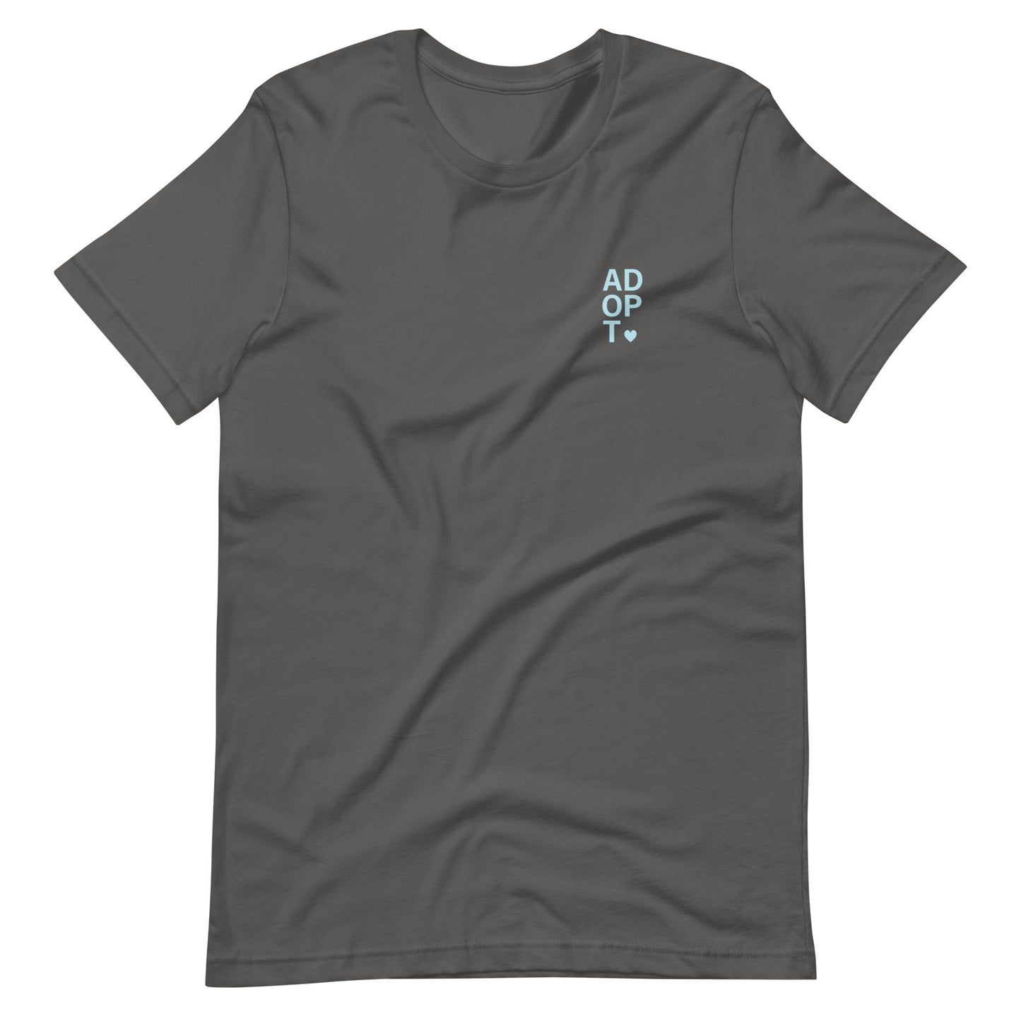 ADOPT - light blue text on a Unisex t-shirt - Adoption Stuff Store, Asphalt / S, T-shirt