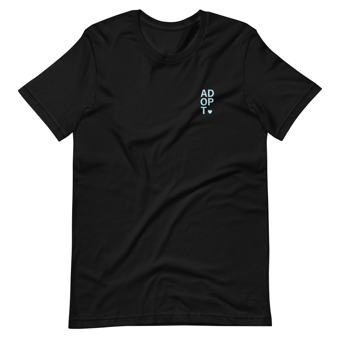 ADOPT - light blue text on a Unisex t-shirt - Adoption Stuff Store, Black / XS, T-shirt