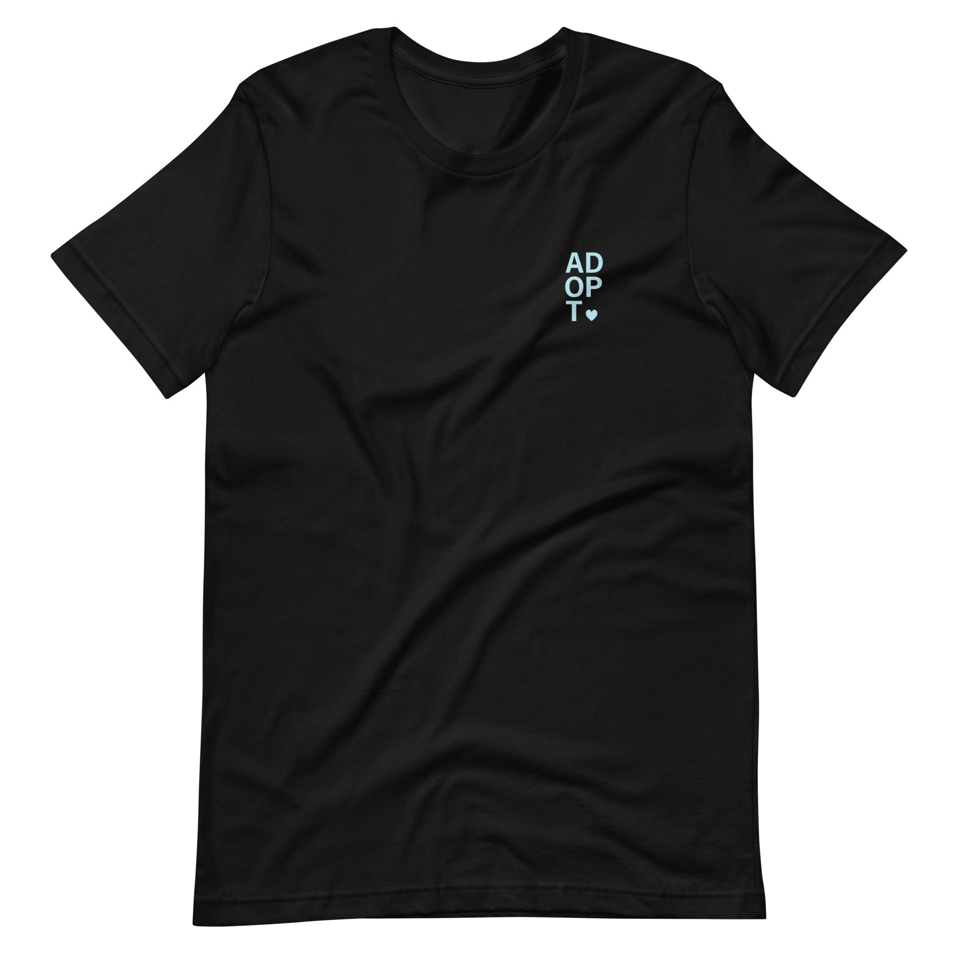 ADOPT - light blue text on a Unisex t-shirt - Adoption Stuff Store, Black / XS, T-shirt