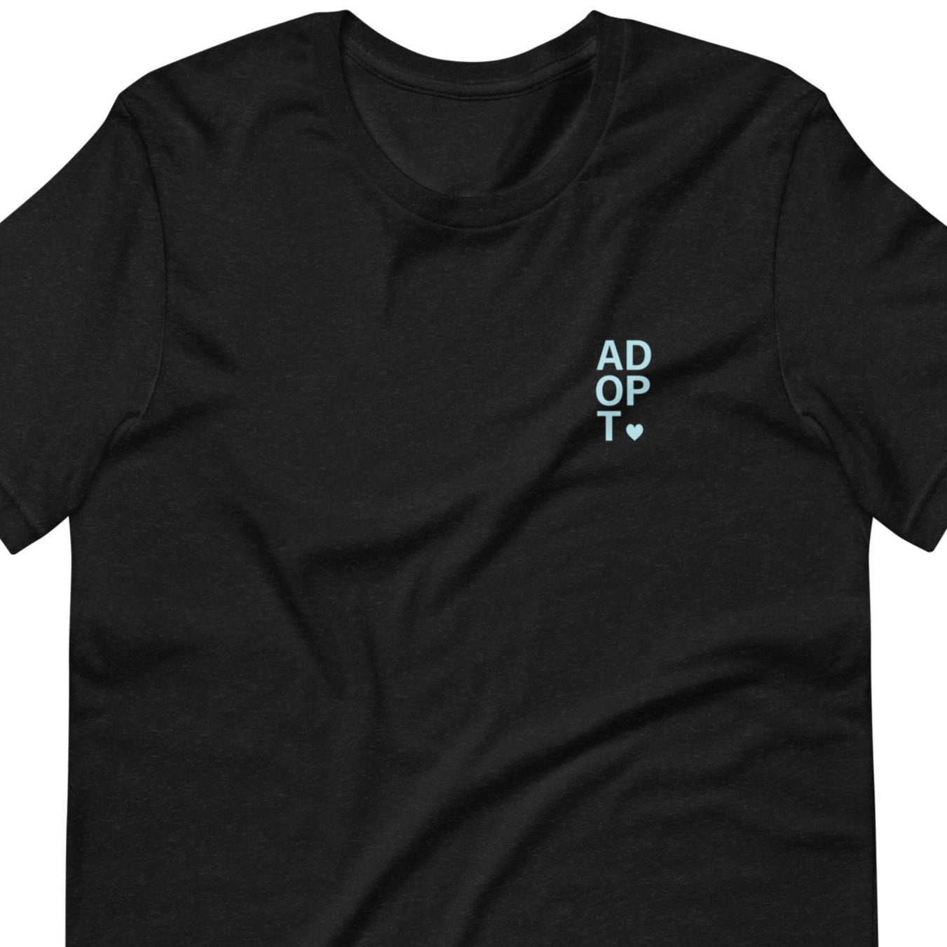 ADOPT - light blue text on a Unisex t-shirt - Adoption Stuff Store, Black Heather / XS, T-shirt