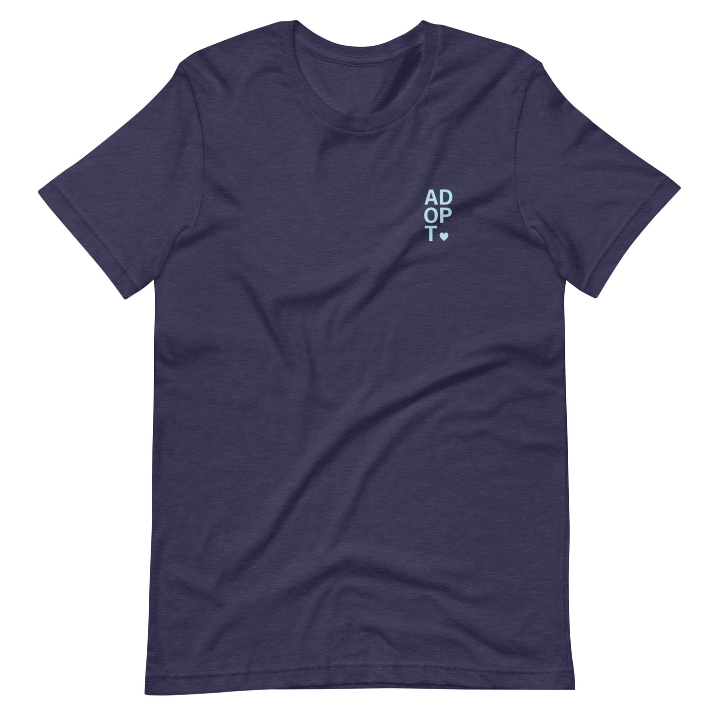 ADOPT - light blue text on a Unisex t-shirt - Adoption Stuff Store, Heather Midnight Navy / XS, T-shirt