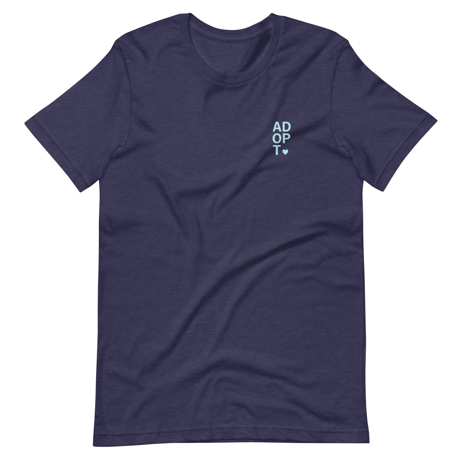 ADOPT - light blue text on a Unisex t-shirt - Adoption Stuff Store, Heather Midnight Navy / XS, T-shirt