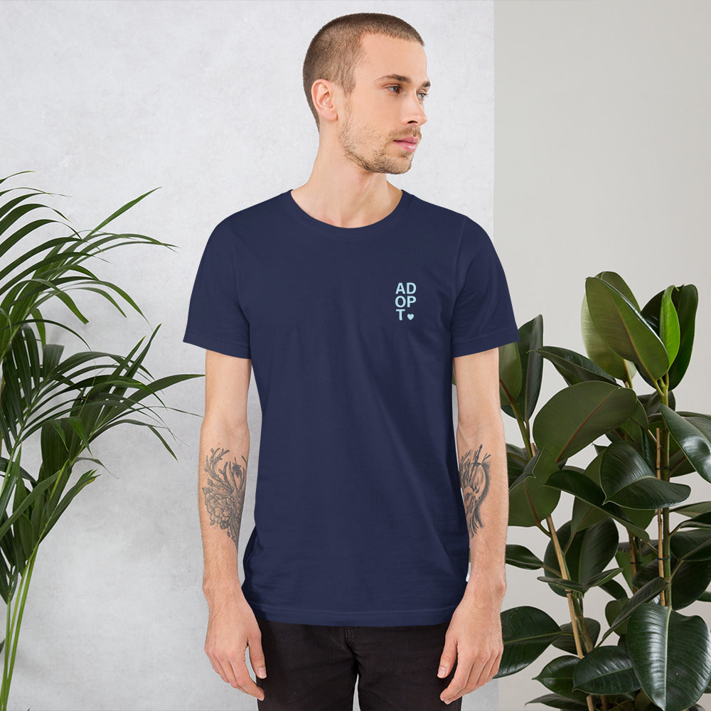 ADOPT - light blue text on a Unisex t-shirt - Adoption Stuff Store, , T-shirt