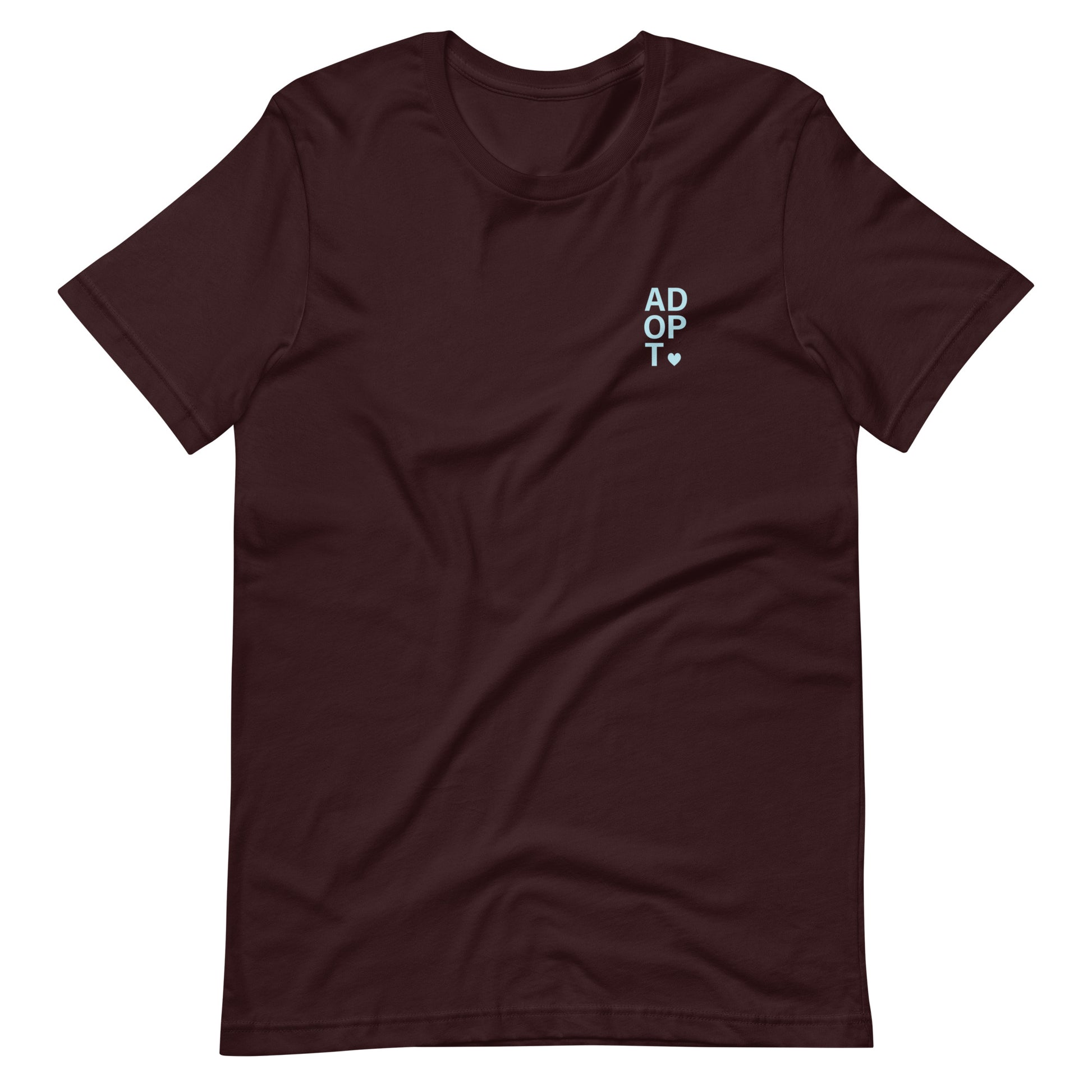 ADOPT - light blue text on a Unisex t-shirt - Adoption Stuff Store, Oxblood Black / S, T-shirt