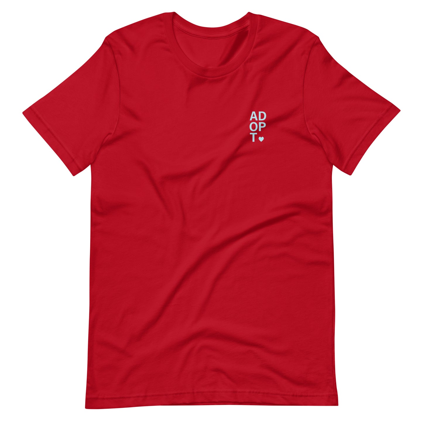 ADOPT - light blue text on a Unisex t-shirt - Adoption Stuff Store, Red / XS, T-shirt
