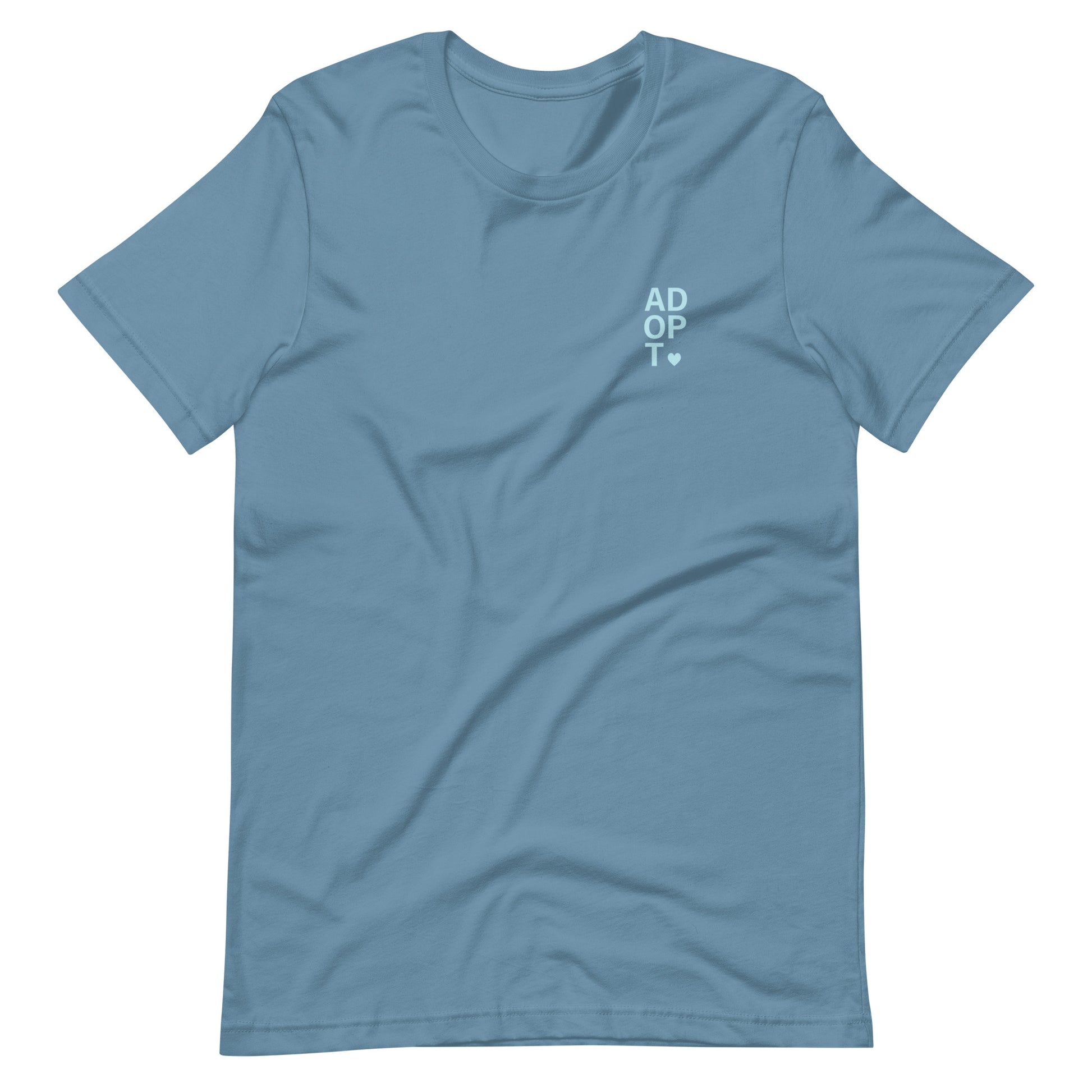 ADOPT - light blue text on a Unisex t-shirt - Adoption Stuff Store, Steel Blue / S, T-shirt
